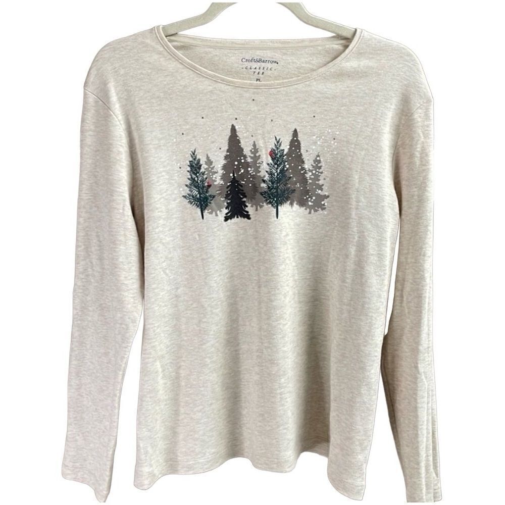 Croft & Barrow Ladies Long Sleeve Winter Scene Top, Size Petite Large, Tan